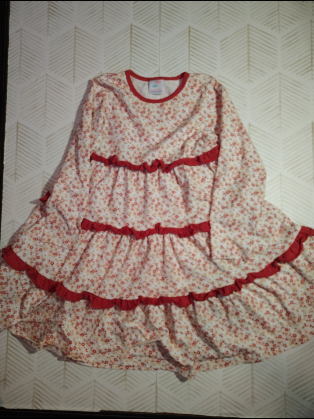 Stitchy Fish Girls Floral Tiered Ruffle Dress Long Sleeve Boutique Red Orange